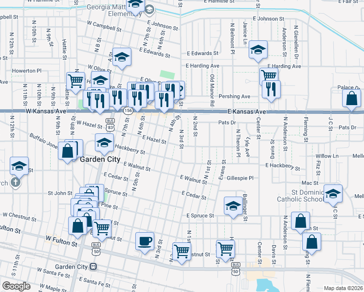 map of restaurants, bars, coffee shops, grocery stores, and more near 600 East Hazel Street in Garden City