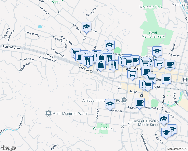 map of restaurants, bars, coffee shops, grocery stores, and more near 79 Miramar Avenue in San Rafael