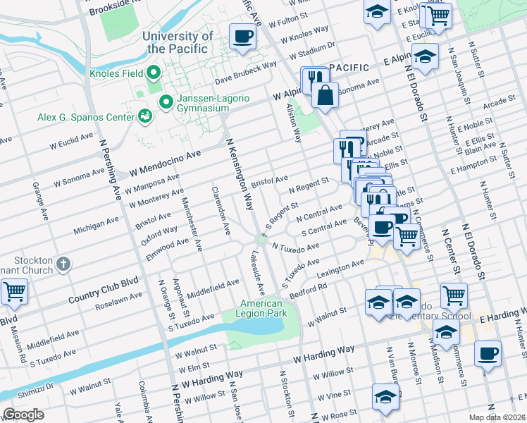 map of restaurants, bars, coffee shops, grocery stores, and more near 2631 Crafton Way in Stockton