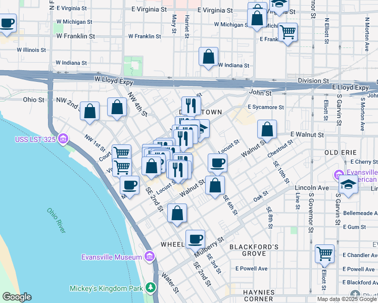 map of restaurants, bars, coffee shops, grocery stores, and more near 518 Main Street in Evansville