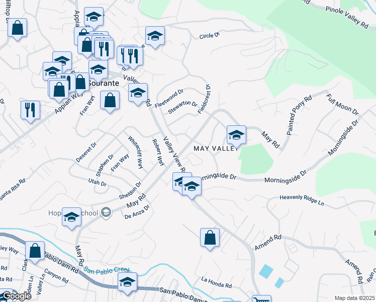 map of restaurants, bars, coffee shops, grocery stores, and more near 5021 Escalon Circle in Richmond
