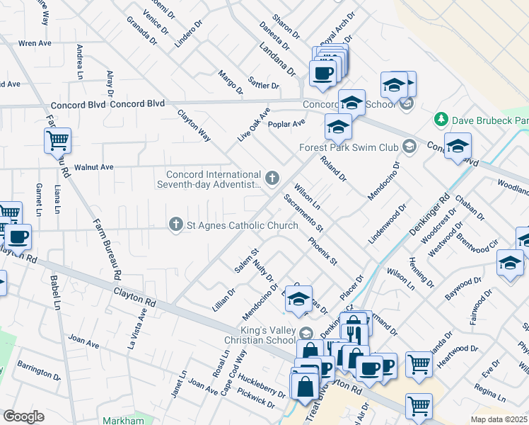 map of restaurants, bars, coffee shops, grocery stores, and more near 4000 Earhart Drive in Concord