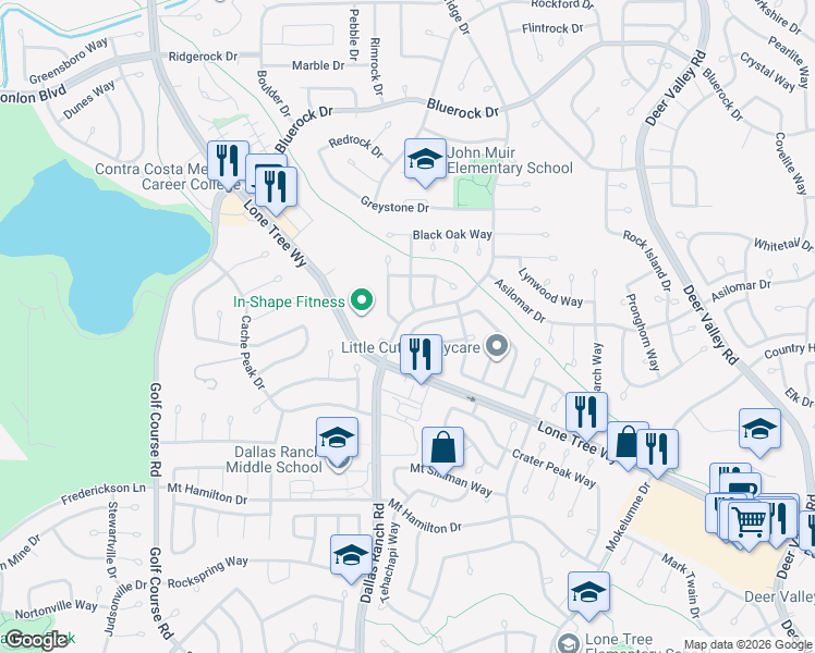 map of restaurants, bars, coffee shops, grocery stores, and more near 2044 Tupelo Way in Antioch