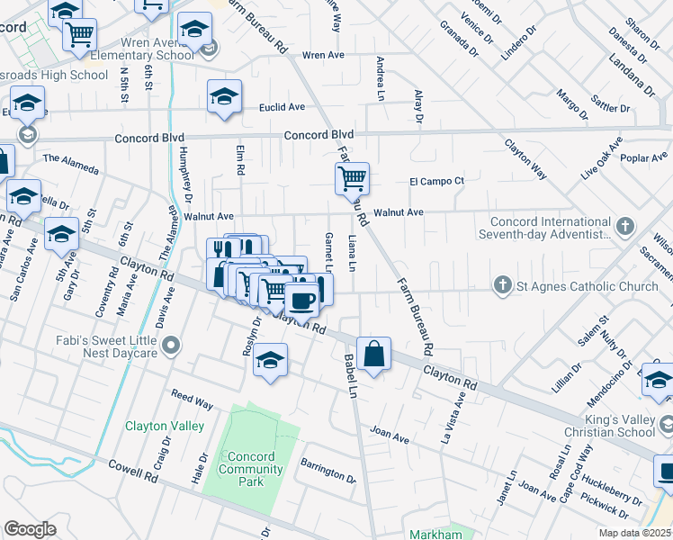 map of restaurants, bars, coffee shops, grocery stores, and more near 1638 Garnet Lane in Concord