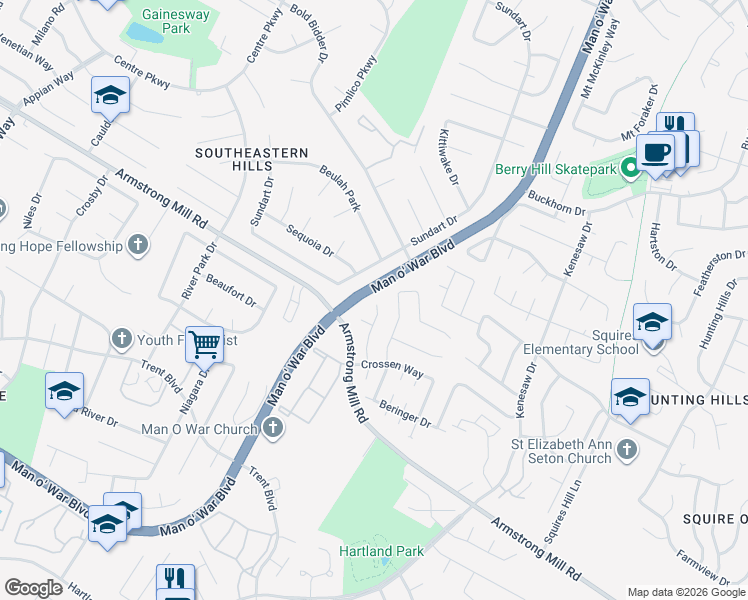 map of restaurants, bars, coffee shops, grocery stores, and more near 3401 Promenade Drive in Lexington