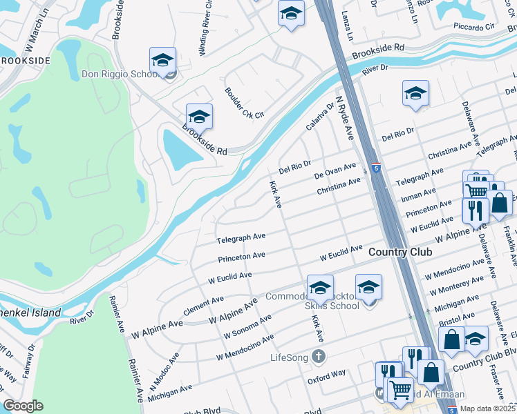 map of restaurants, bars, coffee shops, grocery stores, and more near 3112 De Ovan Avenue in Stockton