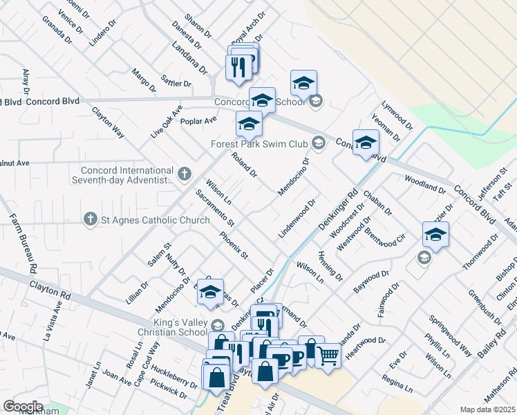 map of restaurants, bars, coffee shops, grocery stores, and more near 1664 Wilson Court in Concord