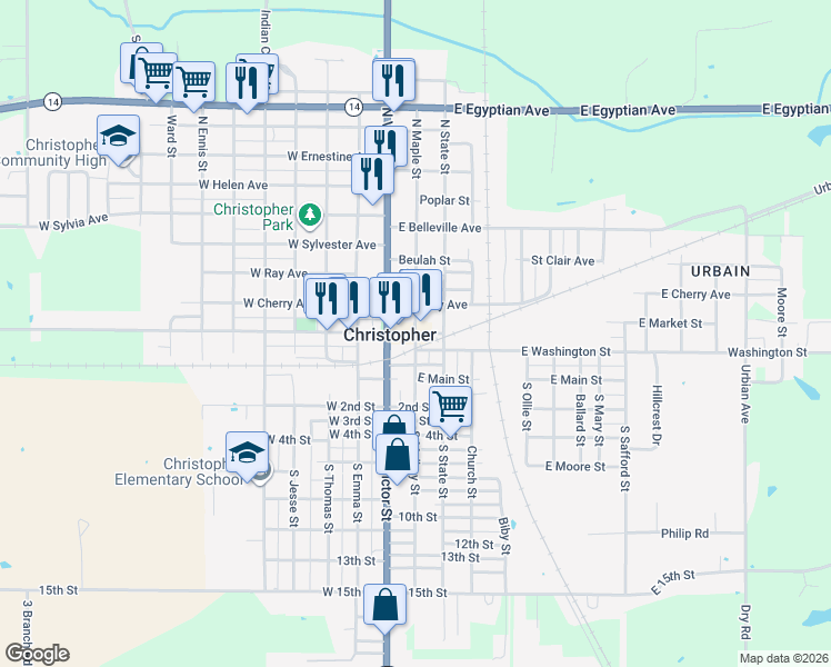 map of restaurants, bars, coffee shops, grocery stores, and more near 200 East Market Street in Christopher