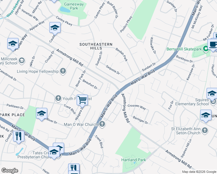 map of restaurants, bars, coffee shops, grocery stores, and more near 3615 Keystone Court in Lexington
