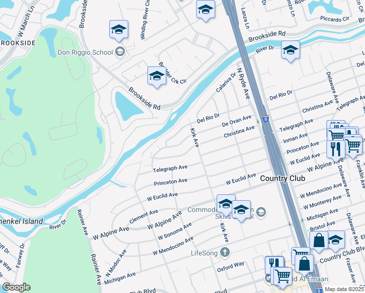 map of restaurants, bars, coffee shops, grocery stores, and more near 3112 De Ovan Avenue in Stockton