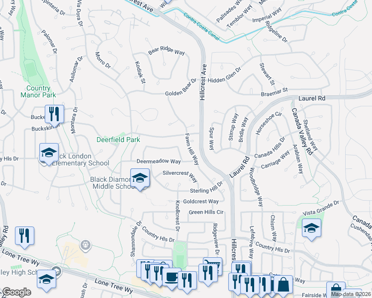 map of restaurants, bars, coffee shops, grocery stores, and more near 4628 Fawn Hill Way in Antioch