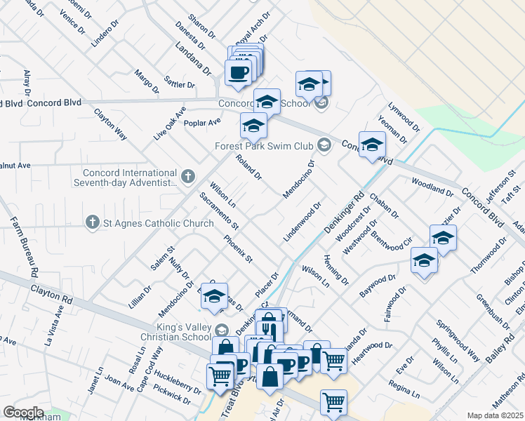 map of restaurants, bars, coffee shops, grocery stores, and more near 1664 Wilson Court in Concord