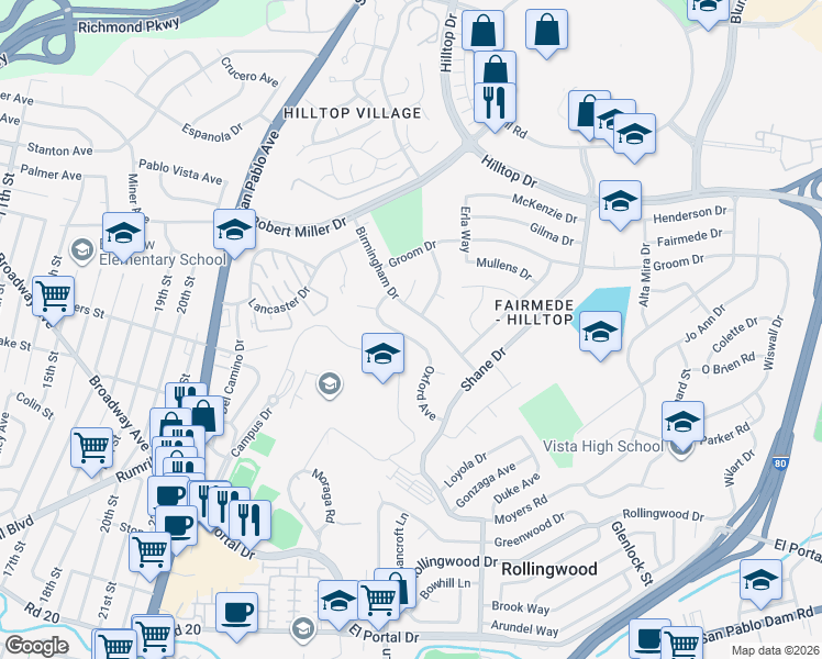 map of restaurants, bars, coffee shops, grocery stores, and more near 2865 Oxford Avenue in Richmond