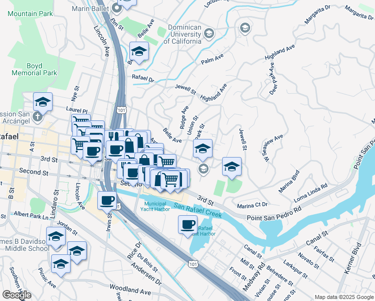 map of restaurants, bars, coffee shops, grocery stores, and more near 304 Mission Avenue in San Rafael