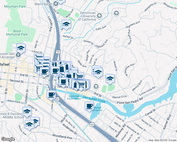 map of restaurants, bars, coffee shops, grocery stores, and more near 304 Mission Avenue in San Rafael
