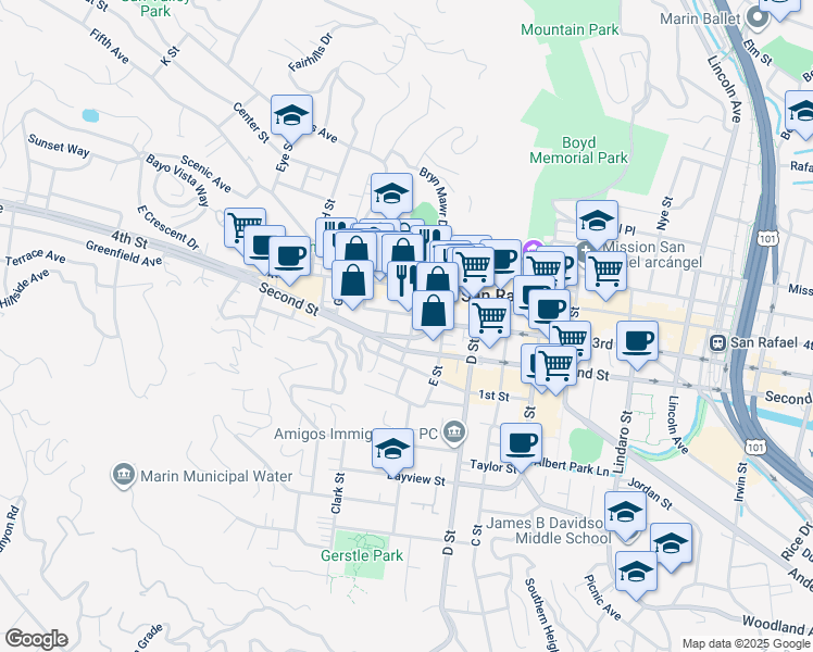 map of restaurants, bars, coffee shops, grocery stores, and more near 105 Shaver Street in San Rafael