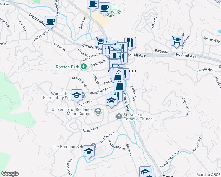 map of restaurants, bars, coffee shops, grocery stores, and more near 41 Woodland Avenue in San Anselmo