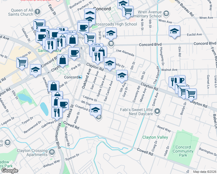 map of restaurants, bars, coffee shops, grocery stores, and more near 2999 Atlantic Street in Concord