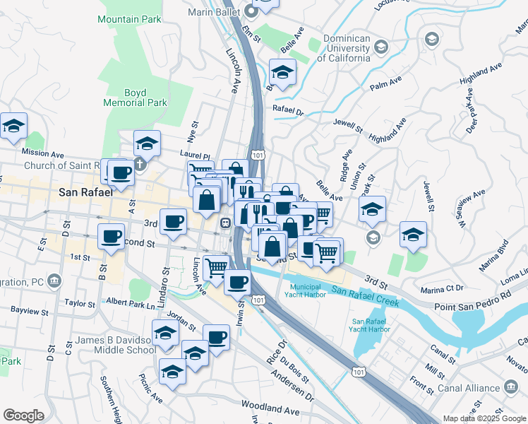 map of restaurants, bars, coffee shops, grocery stores, and more near 1012 Irwin Street in San Rafael