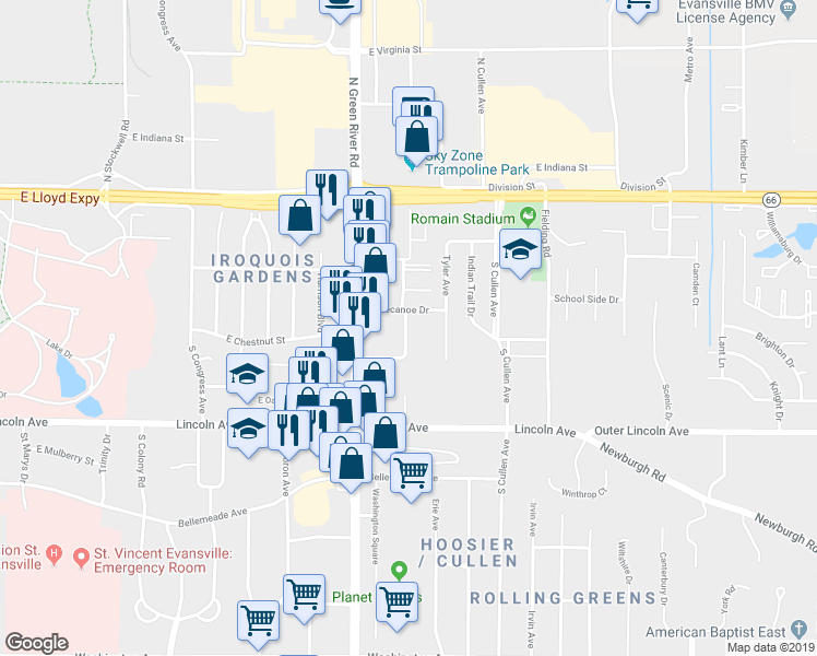 map of restaurants, bars, coffee shops, grocery stores, and more near 4967 Tippecanoe Drive in Evansville