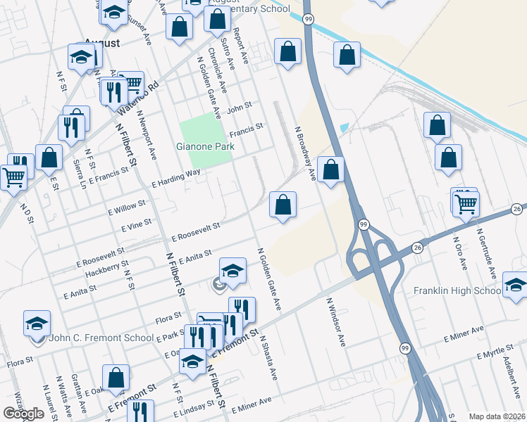map of restaurants, bars, coffee shops, grocery stores, and more near 3101 East Anita Street in Stockton