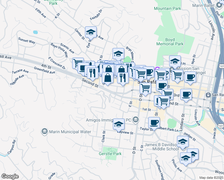 map of restaurants, bars, coffee shops, grocery stores, and more near 1618 Second Street in San Rafael