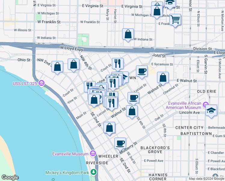 map of restaurants, bars, coffee shops, grocery stores, and more near 11 Northwest 5th Street in Evansville