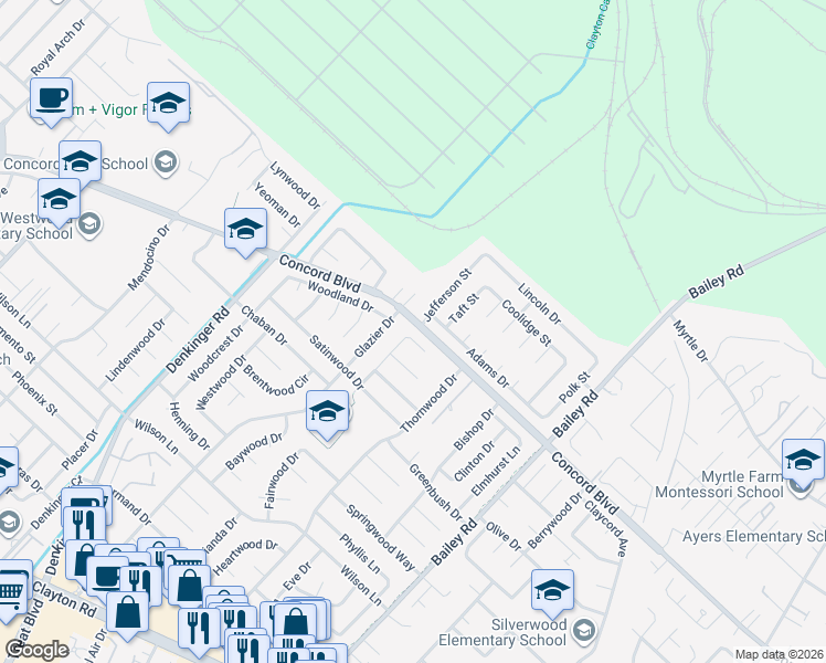 map of restaurants, bars, coffee shops, grocery stores, and more near 1793 Leewood Place in Concord