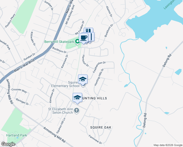 map of restaurants, bars, coffee shops, grocery stores, and more near 3385 Featherston Drive in Lexington