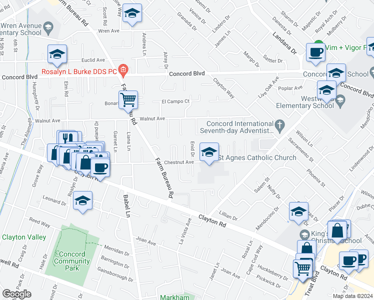 map of restaurants, bars, coffee shops, grocery stores, and more near 1616 Carlson Court in Concord