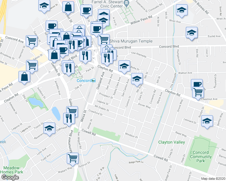 map of restaurants, bars, coffee shops, grocery stores, and more near 2880 Atlantic Street in Concord