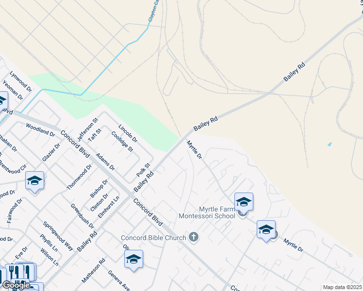 map of restaurants, bars, coffee shops, grocery stores, and more near 1924 Bailey Road in Concord