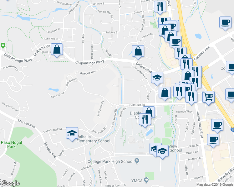 map of restaurants, bars, coffee shops, grocery stores, and more near 202 Paso Nogal Road in Pleasant Hill