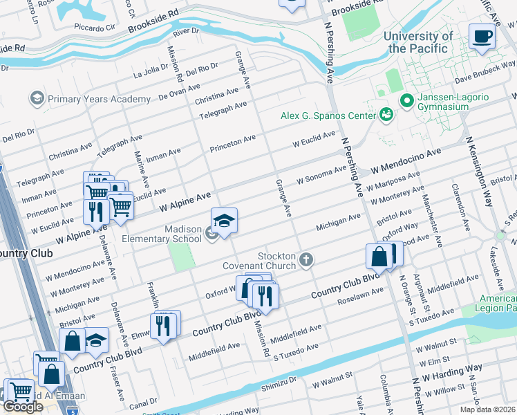 map of restaurants, bars, coffee shops, grocery stores, and more near 1775 West Mendocino Avenue in Stockton