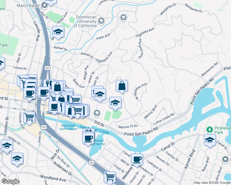 map of restaurants, bars, coffee shops, grocery stores, and more near 31 Belle Avenue in San Rafael