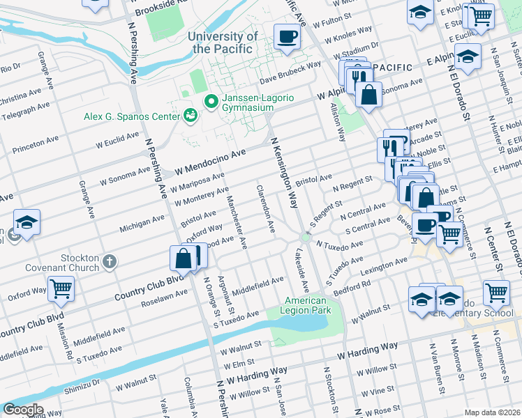 map of restaurants, bars, coffee shops, grocery stores, and more near 1001 Oxford Way in Stockton