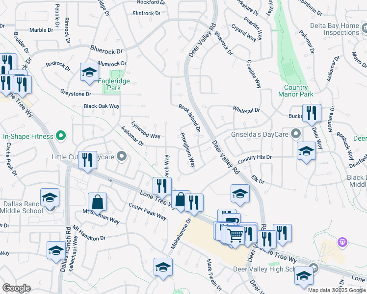 map of restaurants, bars, coffee shops, grocery stores, and more near 2225 Asilomar Drive in Antioch