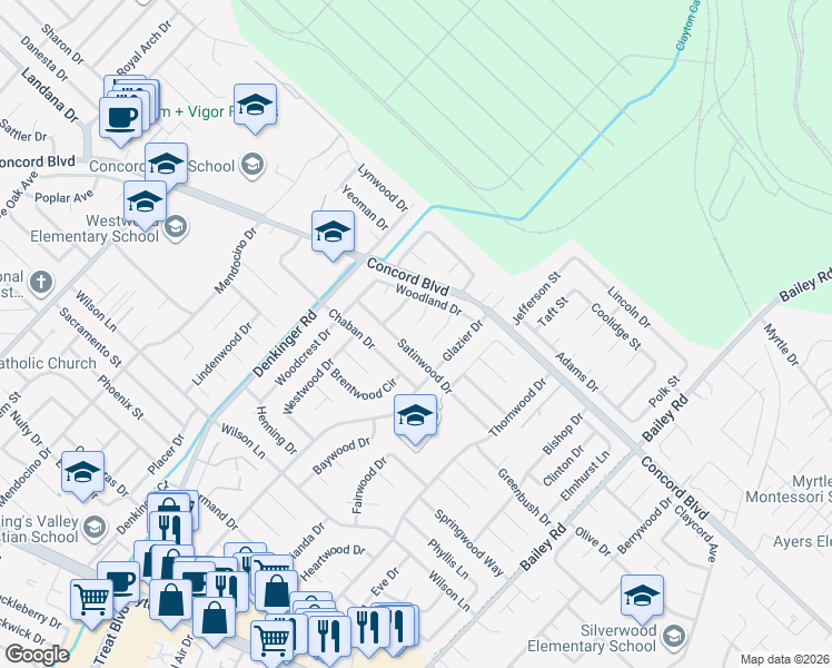map of restaurants, bars, coffee shops, grocery stores, and more near 1774 Rockwood Pl in Concord