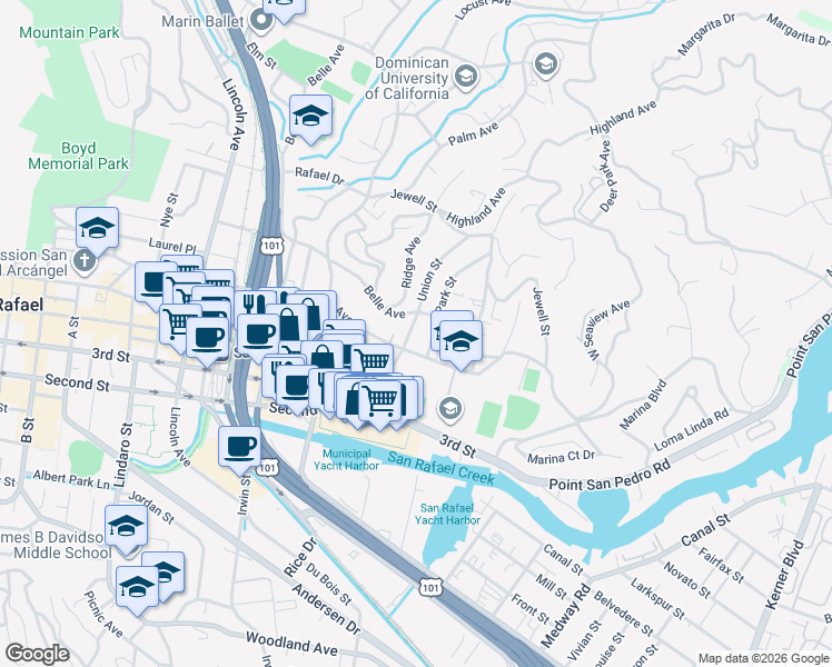 map of restaurants, bars, coffee shops, grocery stores, and more near 304 Mission Avenue in San Rafael