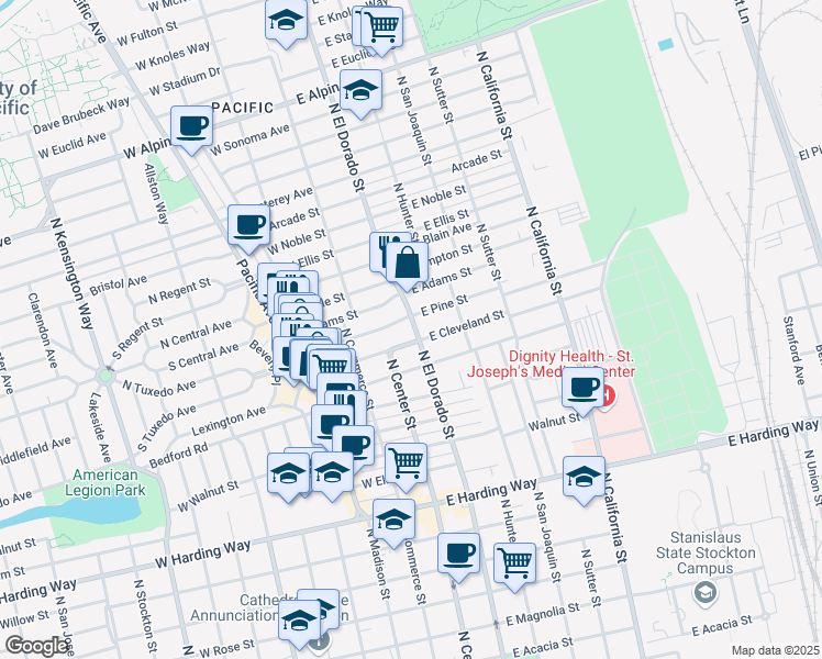 map of restaurants, bars, coffee shops, grocery stores, and more near 2139 North El Dorado Street in Stockton