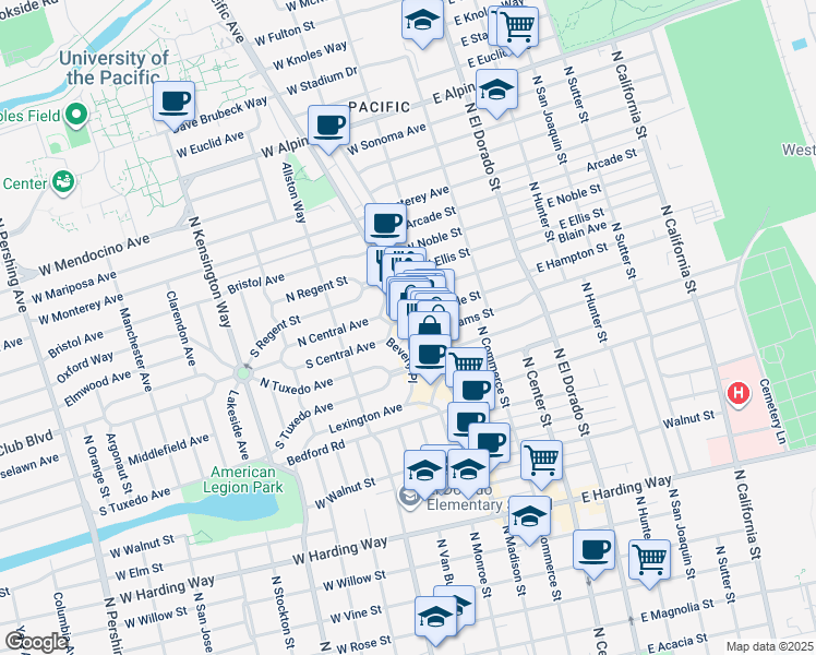 map of restaurants, bars, coffee shops, grocery stores, and more near 232 Central Court in Stockton