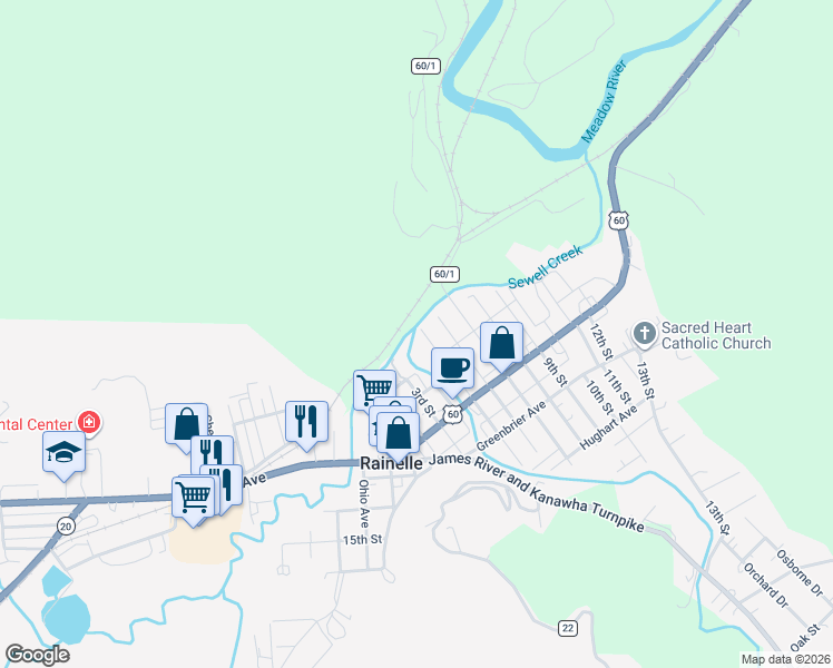 map of restaurants, bars, coffee shops, grocery stores, and more near 134 5th Street in Rainelle