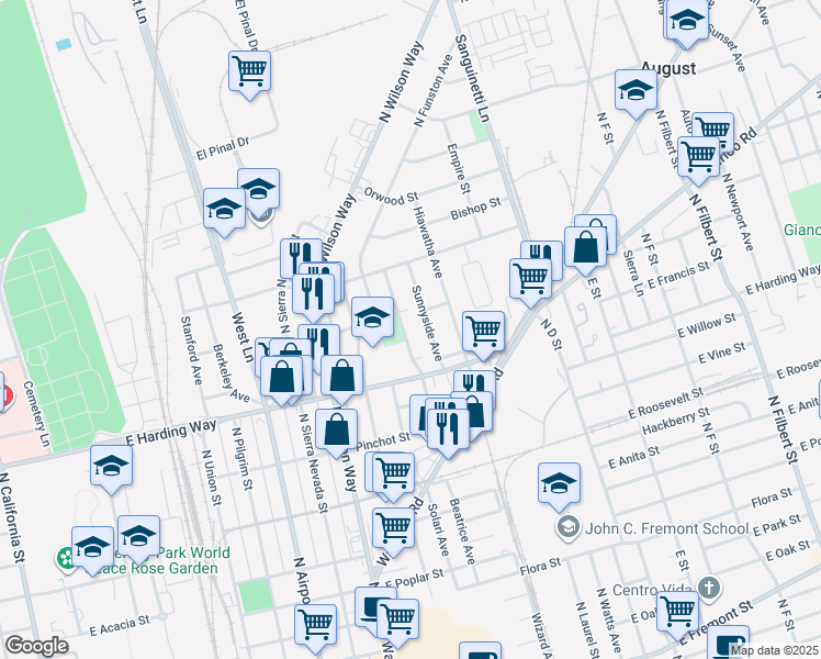 map of restaurants, bars, coffee shops, grocery stores, and more near 1620 Sycamore Avenue in Stockton