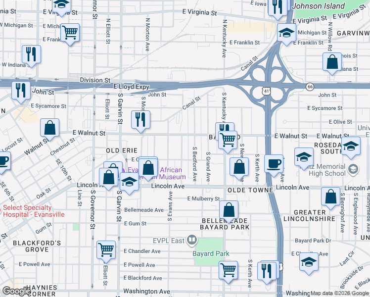 map of restaurants, bars, coffee shops, grocery stores, and more near 431 South Bedford Avenue in Evansville