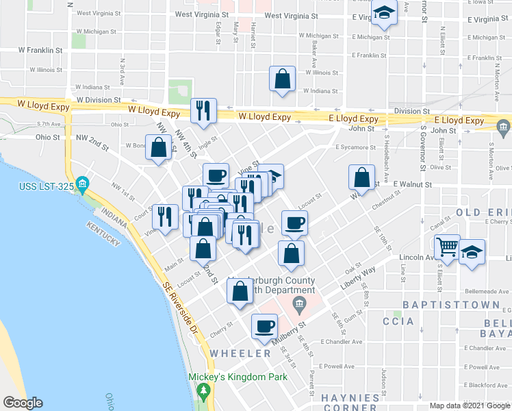 map of restaurants, bars, coffee shops, grocery stores, and more near 520 Main Street in Evansville