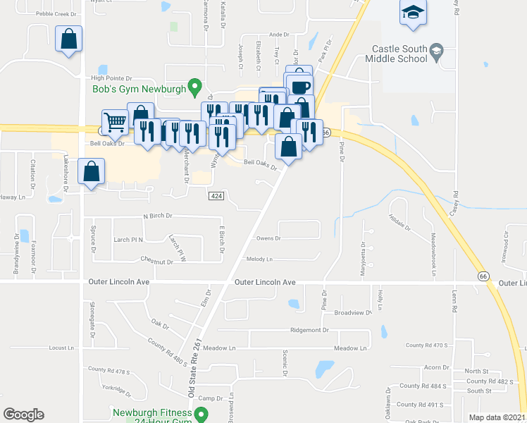map of restaurants, bars, coffee shops, grocery stores, and more near 4262 Old Indiana 261 in Newburgh