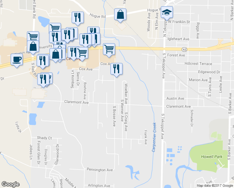 map of restaurants, bars, coffee shops, grocery stores, and more near 364 South Bosse Avenue in Evansville