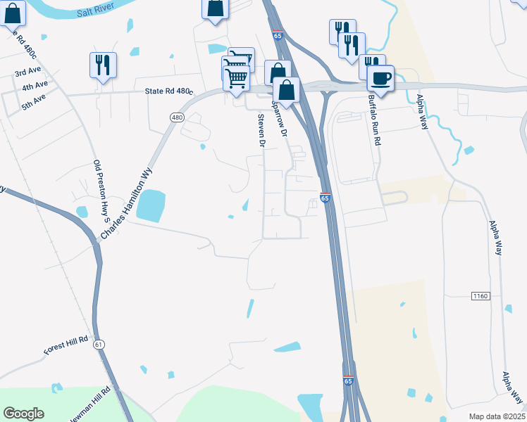 map of restaurants, bars, coffee shops, grocery stores, and more near 530 Steven Drive in Shepherdsville