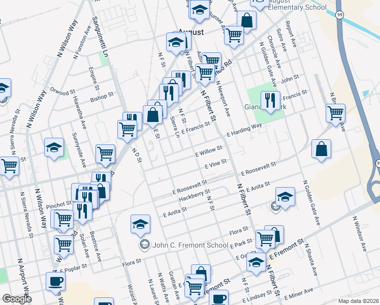 map of restaurants, bars, coffee shops, grocery stores, and more near 2375 East Willow Street in Stockton