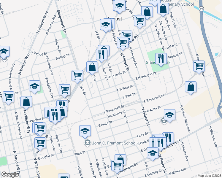 map of restaurants, bars, coffee shops, grocery stores, and more near 2375 East Willow Street in Stockton